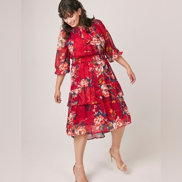 Figueroa & Flower Dresses & Skirts - FIGUEROA & FLOWER Floral Print Red Midi Dress Size 2X NWT